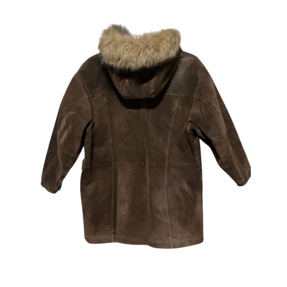 Vintage Wilsons Adventure Bound Mens Suede Coat L Faux Fur Trim Hood Heavy Chore - Picture 7 of 10